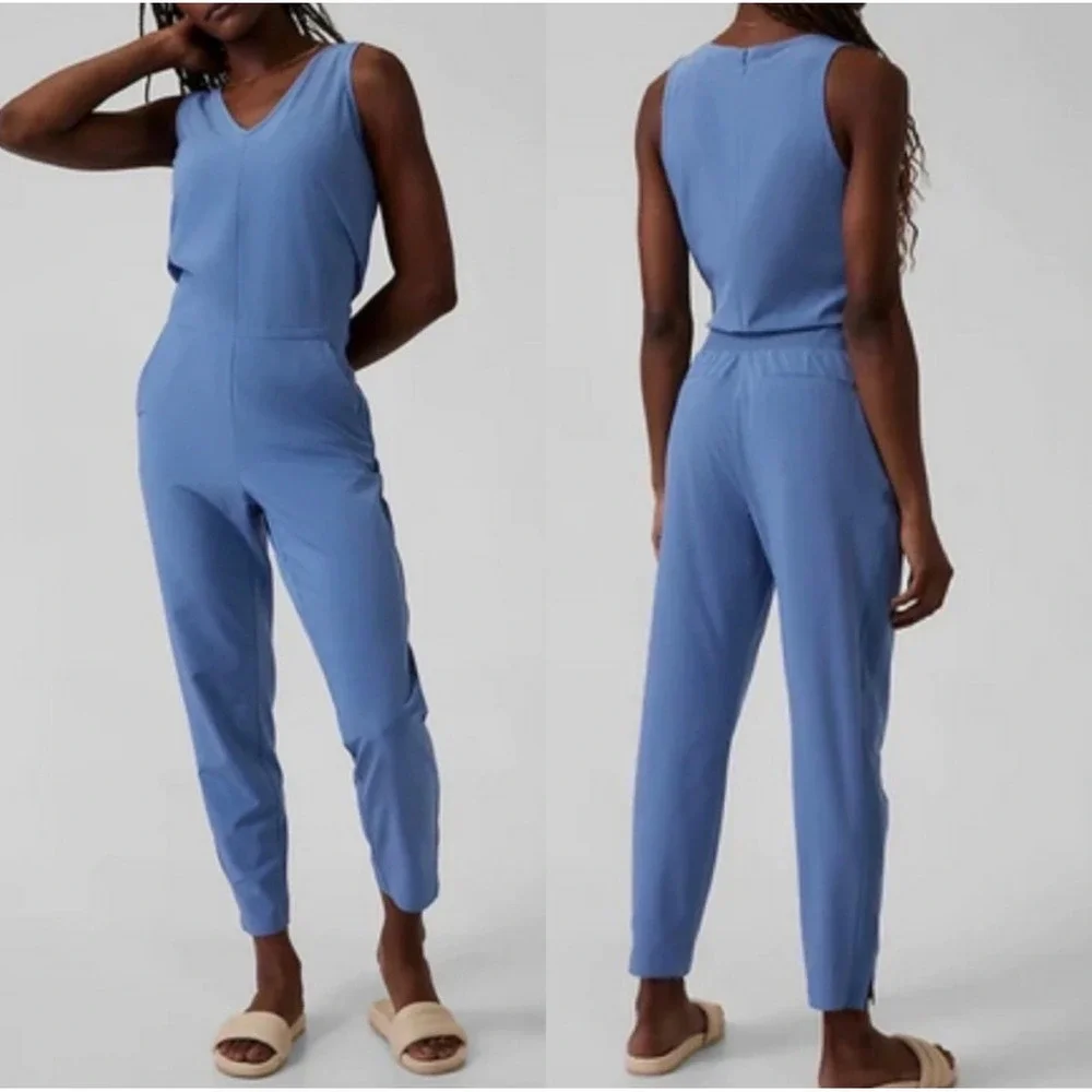 Athleta Brooklyn Jumpsuit Womens 12 Tall Blue Sleeveless V-Neck Athleisure